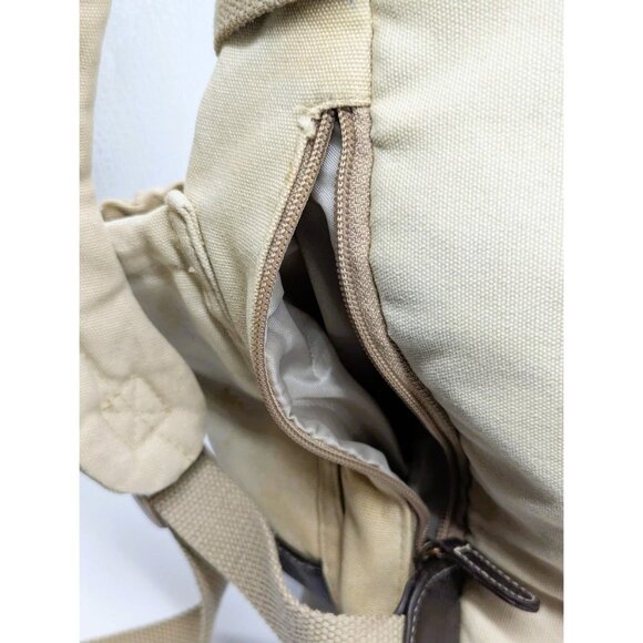 Eddie Bauer Beige Canvas Diaper Backpack With Leather Bottom & Multiple Pockets - Picture 4 of 9